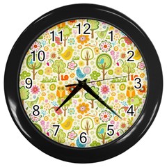 Nature Doodle Art Trees Birds Owl Children Pattern Multi Colored Wall Clock (black)