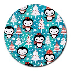 Blue Penguin Pattern Christmas Round Mousepad by Salman4z