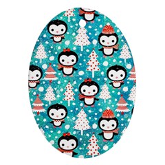 Blue Penguin Pattern Christmas Oval Ornament (two Sides)