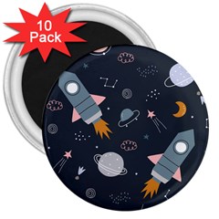 Space Background Illustration With Stars And Rocket Seamless Vector Pattern 3  Magnets (10 Pack) 