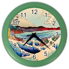 Wave Japanese Mount Fuji Woodblock Print Ocean Color Wall Clock by Salman4z