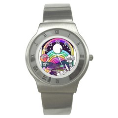 Rainbow Fun Cute Minimal Doodle Drawing Art Stainless Steel Watch by Jancukart