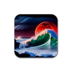 Sea Ocean Waves Rocks Sunset Artwork Rubber Square Coaster (4 Pack) by Jancukart