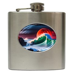 Sea Ocean Waves Rocks Sunset Artwork Hip Flask (6 Oz) by Jancukart