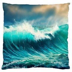 Waves Ocean Sea Tsunami Nautical Blue Large Premium Plush Fleece Cushion Case (two Sides) by Jancukart