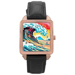 Waves Ocean Sea Tsunami Nautical 8 Rose Gold Leather Watch  by Jancukart