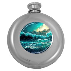 Tsunami Waves Ocean Sea Nautical Nature Water 5 Round Hip Flask (5 Oz) by Jancukart