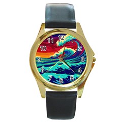 Tsunami Waves Ocean Sea Nautical Nature Water 9 Round Gold Metal Watch by Jancukart