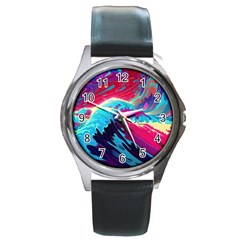 Tsunami Waves Ocean Sea Nautical Nature Water Blue Pink Round Metal Watch