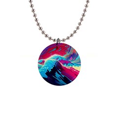 Tsunami Waves Ocean Sea Nautical Nature Water Blue Pink 1  Button Necklace