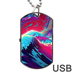 Tsunami Waves Ocean Sea Nautical Nature Water Blue Pink Dog Tag USB Flash (Two Sides)