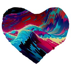 Tsunami Waves Ocean Sea Nautical Nature Water Blue Pink Large 19  Premium Flano Heart Shape Cushions