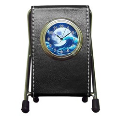 Waves Ocean Sea Tsunami Nautical 7 Pen Holder Desk Clock by Jancukart