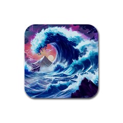 Storm Tsunami Waves Ocean Sea Nautical Nature Rubber Square Coaster (4 Pack) by Jancukart