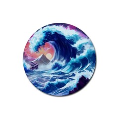 Storm Tsunami Waves Ocean Sea Nautical Nature Rubber Coaster (round) by Jancukart