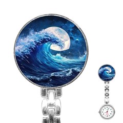 Tsunami Waves Ocean Sea Nautical Nature Water Moon Stainless Steel Nurses Watch by Jancukart