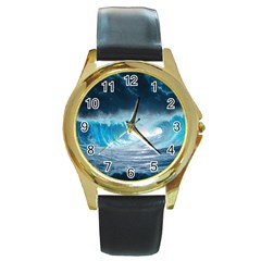 Thunderstorm Storm Tsunami Waves Ocean Sea Round Gold Metal Watch by Jancukart