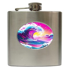 Tsunami Waves Ocean Sea Nautical Nature Water Blue Water Hip Flask (6 Oz) by Jancukart