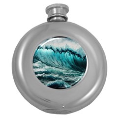 Tsunami Waves Ocean Sea Nautical Nature Water Blue Black Round Hip Flask (5 Oz) by Jancukart