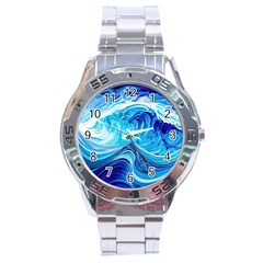 Tsunami Waves Ocean Sea Nautical Nature Abstract Blue Water Stainless Steel Analogue Watch by Jancukart