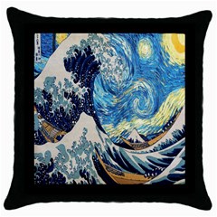 The Great Wave Of Kanagawa Painting Starry Night Van Gogh Throw Pillow Case (black)