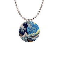 The Great Wave Of Kanagawa Painting Starry Night Van Gogh 1  Button Necklace