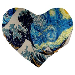 The Great Wave Of Kanagawa Painting Starry Night Van Gogh Large 19  Premium Flano Heart Shape Cushions by Sudheng