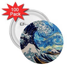 Starry Night Hokusai Van Gogh The Great Wave Off Kanagawa 2 25  Buttons (100 Pack) 