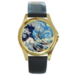 Starry Night Hokusai Van Gogh The Great Wave Off Kanagawa Round Gold Metal Watch Front