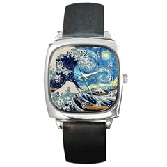 Starry Night Hokusai Van Gogh The Great Wave Off Kanagawa Square Metal Watch by Sudheng