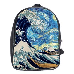 Starry Night Hokusai Van Gogh The Great Wave Off Kanagawa School Bag (large)