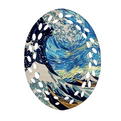 Starry Night Hokusai Van Gogh The Great Wave Off Kanagawa Oval Filigree Ornament (two Sides) by Sudheng