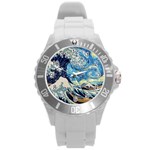 Starry Night Hokusai Van Gogh The Great Wave Off Kanagawa Round Plastic Sport Watch (L) Front