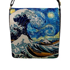 Starry Night Hokusai Van Gogh The Great Wave Off Kanagawa Flap Closure Messenger Bag (l) by Sudheng