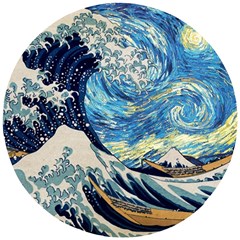 Starry Night Hokusai Van Gogh The Great Wave Off Kanagawa Wooden Puzzle Round by Sudheng