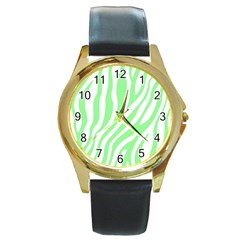 Green Zebra Vibes Animal Print  Round Gold Metal Watch