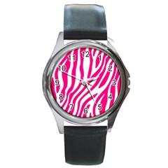 Pink Fucsia Zebra Vibes Animal Print Round Metal Watch by ConteMonfrey
