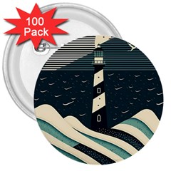 Lighthouse Abstract Ocean Sea Waves Water Blue 3  Buttons (100 pack) 