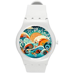 Waves Ocean Sea Abstract Whimsical Abstract Art 4 Round Plastic Sport Watch (m) by Wegoenart