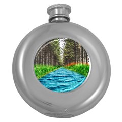 River Forest Landscape Nature Round Hip Flask (5 Oz) by Celenk