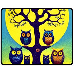 Owl Animal Cartoon Drawing Tree Nature Landscape Two Sides Fleece Blanket (Medium)