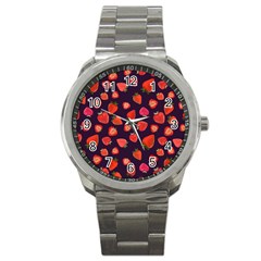 Strawberry On Black Sport Metal Watch by SychEva