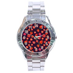 Strawberry On Black Stainless Steel Analogue Watch by SychEva