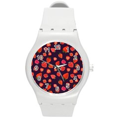 Strawberry On Black Round Plastic Sport Watch (m) by SychEva