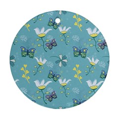 Butterflies Flowers Blue Background Spring Pattern Ornament (round)