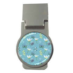 Butterflies Flowers Blue Background Spring Pattern Money Clips (round) 