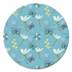 Butterflies Flowers Blue Background Spring Pattern Magnet 5  (round) by Ravend