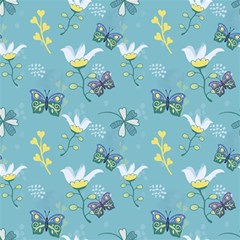 Butterflies Flowers Blue Background Spring Pattern Play Mat (square) by Ravend