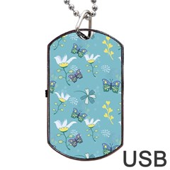 Butterflies Flowers Blue Background Spring Pattern Dog Tag Usb Flash (two Sides)