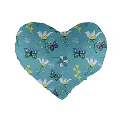 Butterflies Flowers Blue Background Spring Pattern Standard 16  Premium Heart Shape Cushions by Ravend